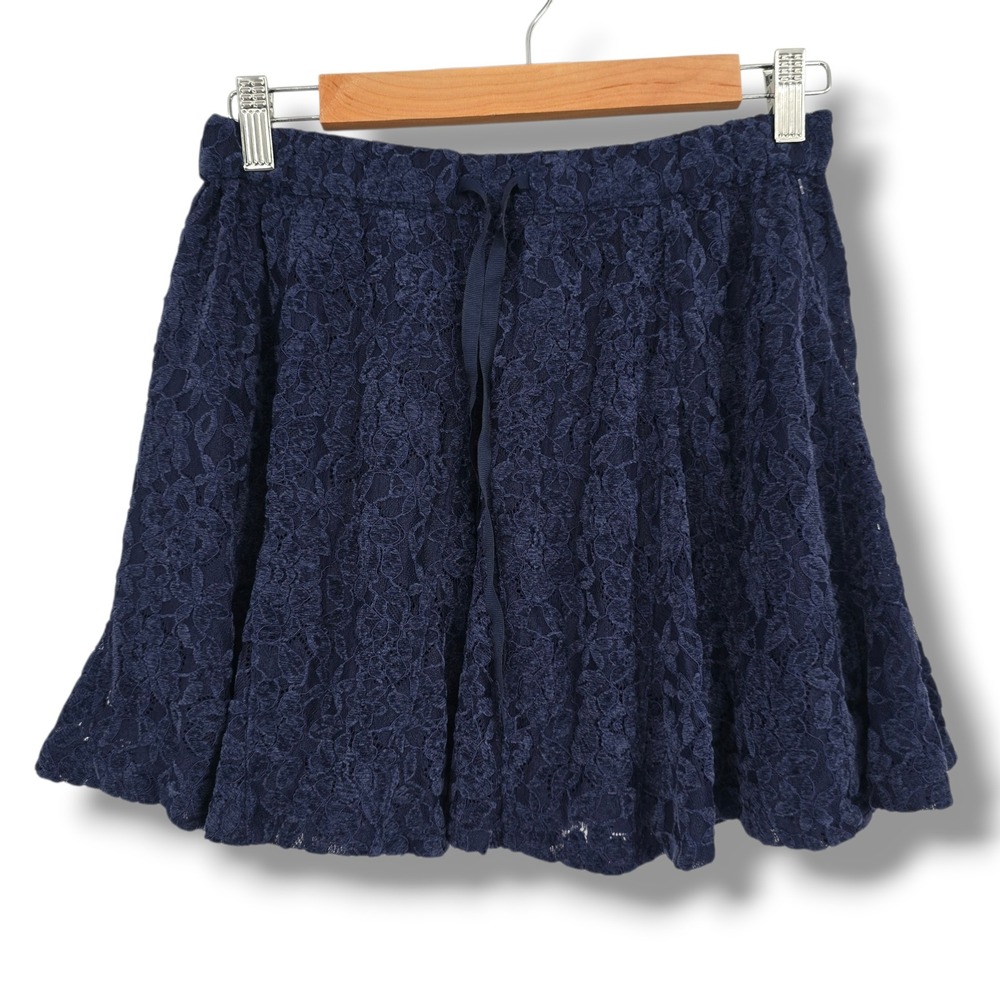 Aerie Navy Blue Floral Lace Mini Skirt‎ Small Elastic Waist Drawstring Flared